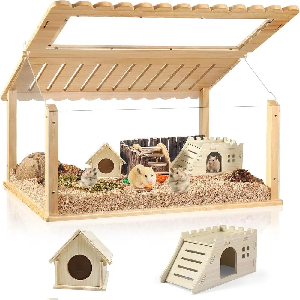 24 Inch Acrylic Hamster Cage with 2 Small Hamster Houses - Long-Lasting, Easy Clean for Guinea Pigs, Clear View Design for Activ
