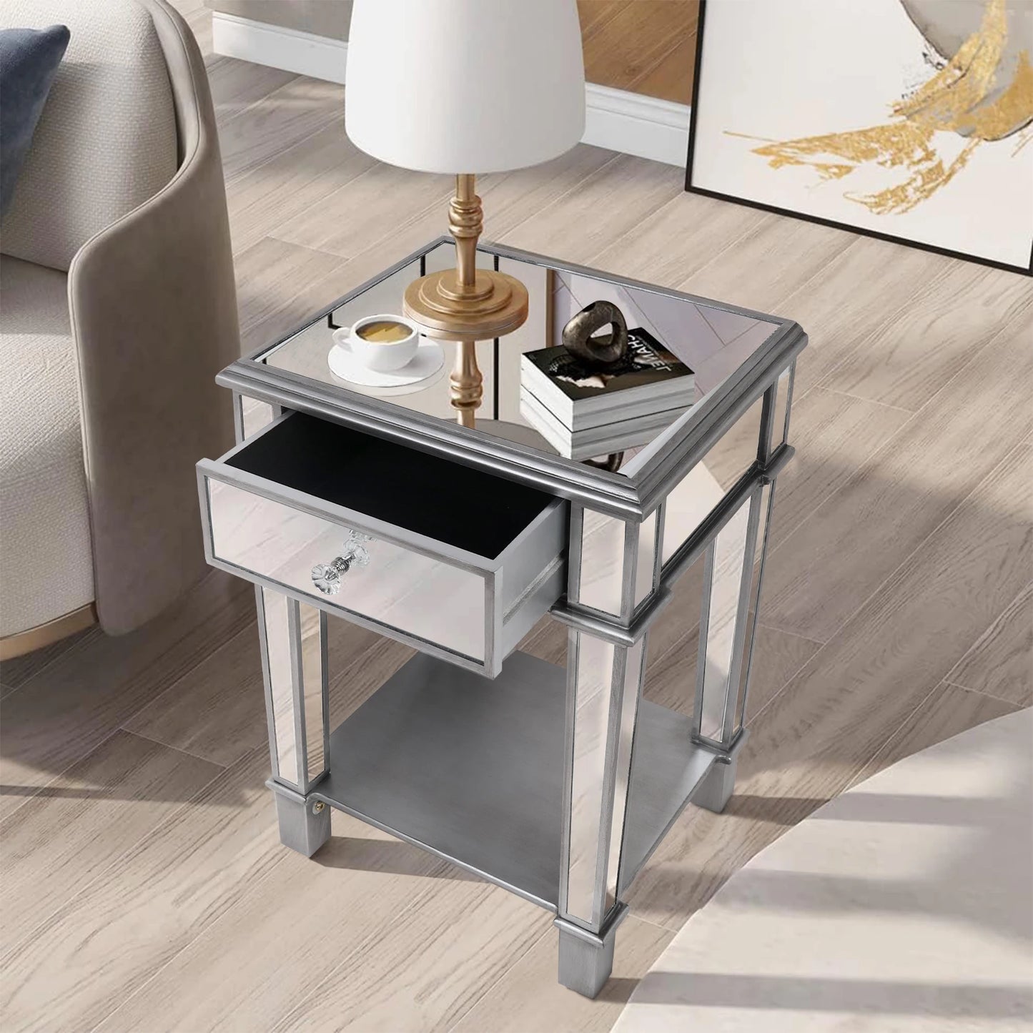 Modern Silver Mirrored Wood And Glass End Table With Drawer