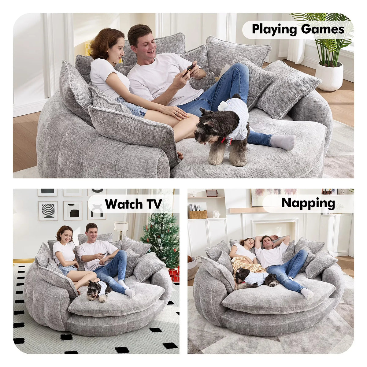 Modern Chenille Cloud Sleeper Sofa With Round Chaise And Pillows