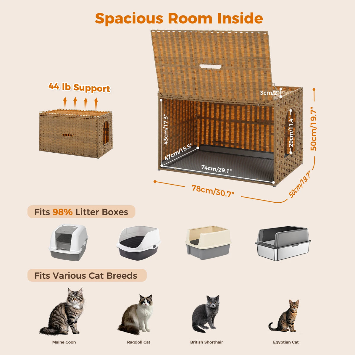 PEQULTI Rattan Cat Litter Box Enclosure With Flip Up Design