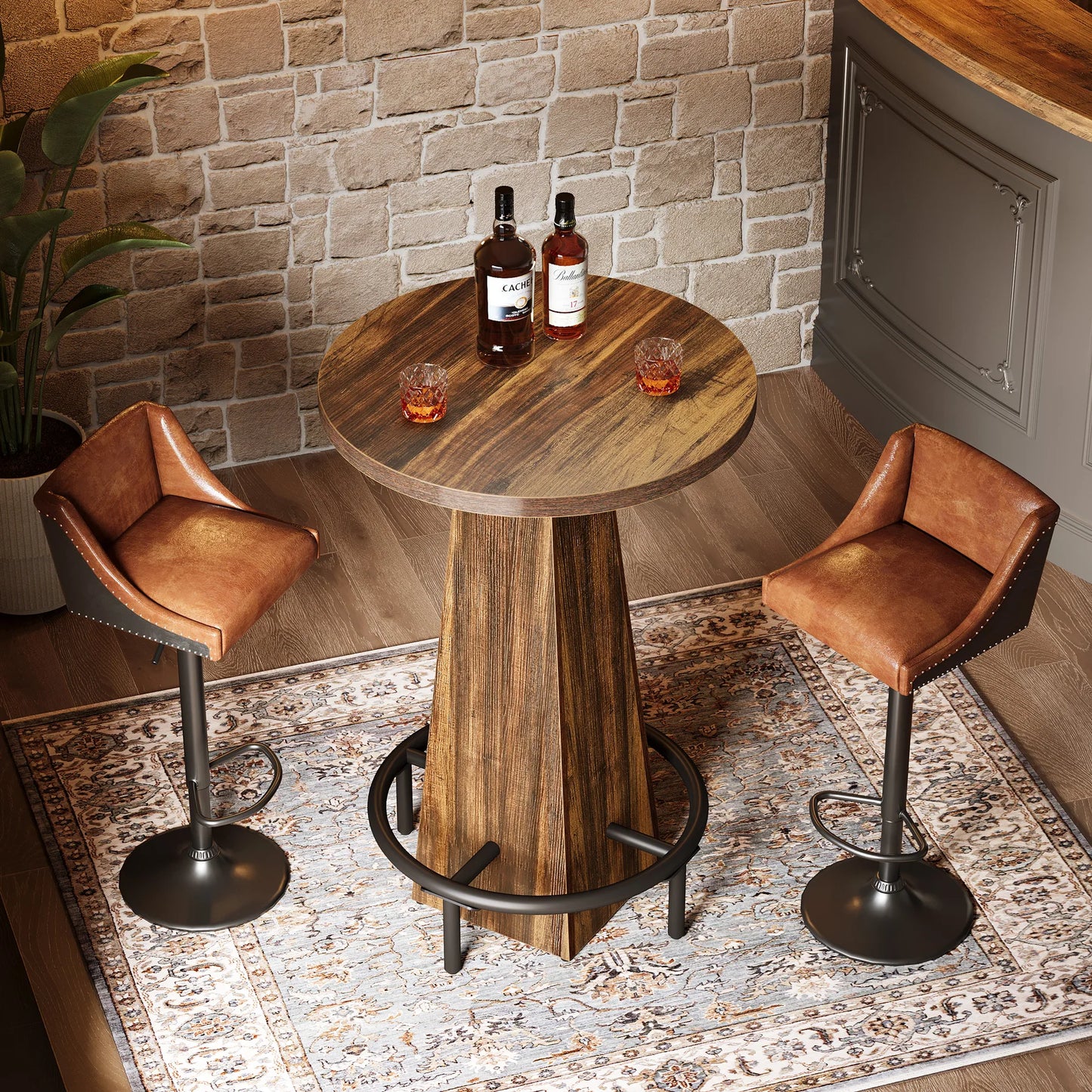 Tribesigns Round Bar Table, 37.4" High Pub Table with Metal Footrest, Drink Bar Station for Small Bars, Dining Room, Kitchen, Brown (Only Table)