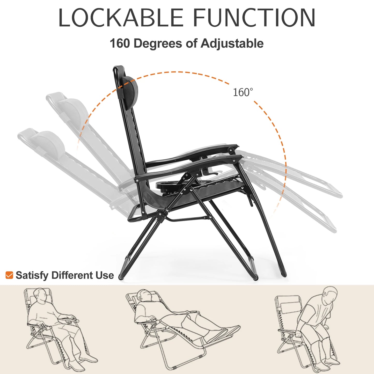 JHK Zero Gravity Portable Recliner Cup Holder Outdoor Patio