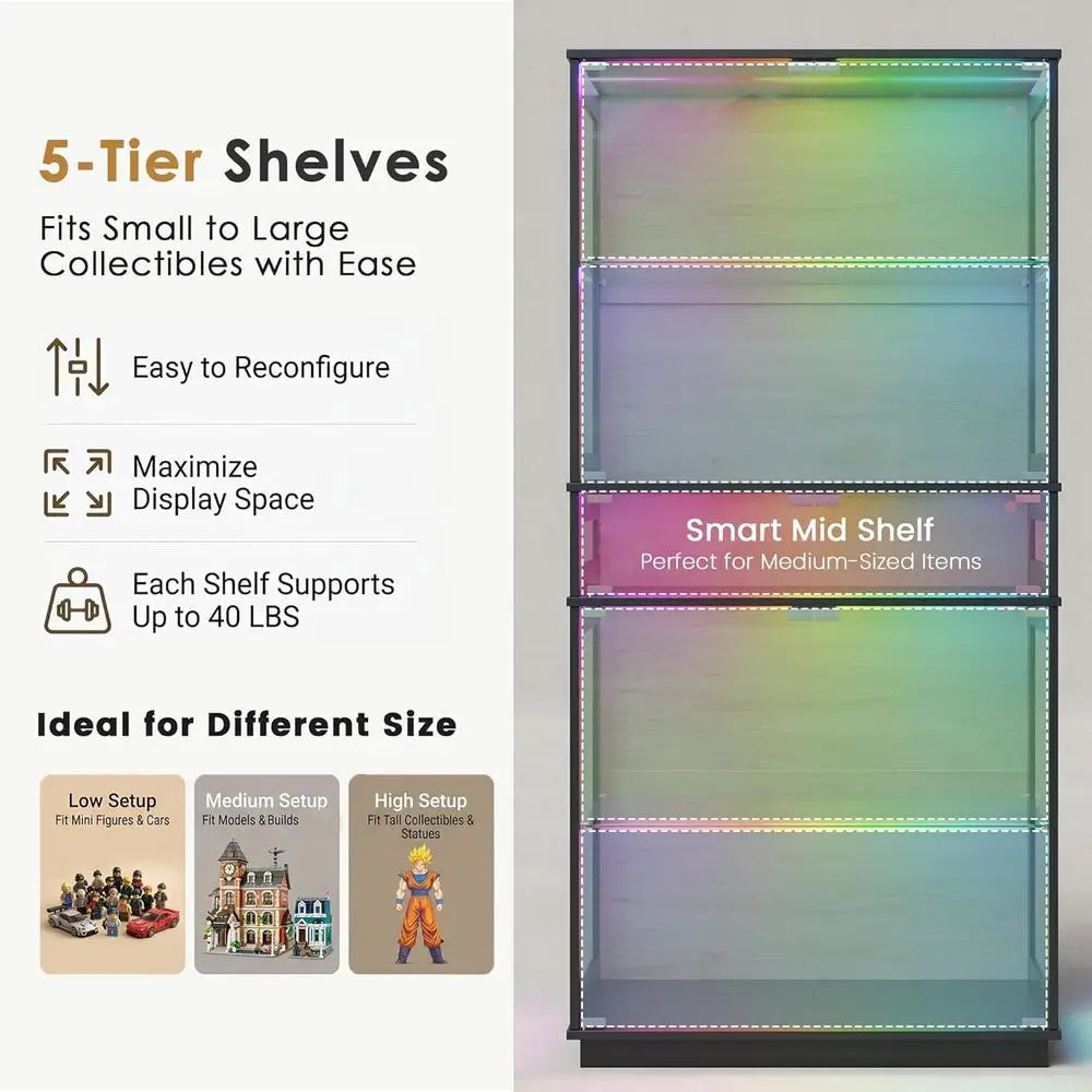 Lighted Glass Display Cabinet For Collectibles With Color Changing Lights