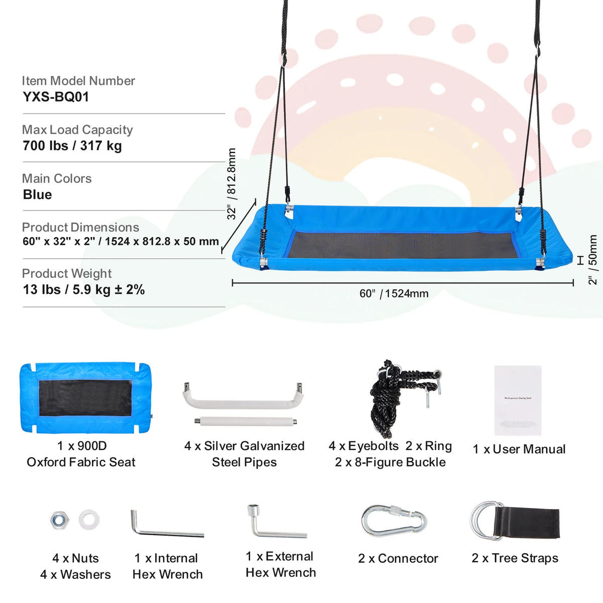 SucceBuy Tree Swing, 40In Saucer Swing 750lbs Capacity 900D Oxford Fabric Swing Seat with 2 Hanging Straps for Kids Outdoor Blue