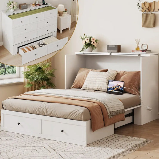 Full Size Murphy Bed with Charging Station amp Drawer, Full Size Mobile Cabinet Bed Frame, Murphy Chest Bed for Bedroom, Guest