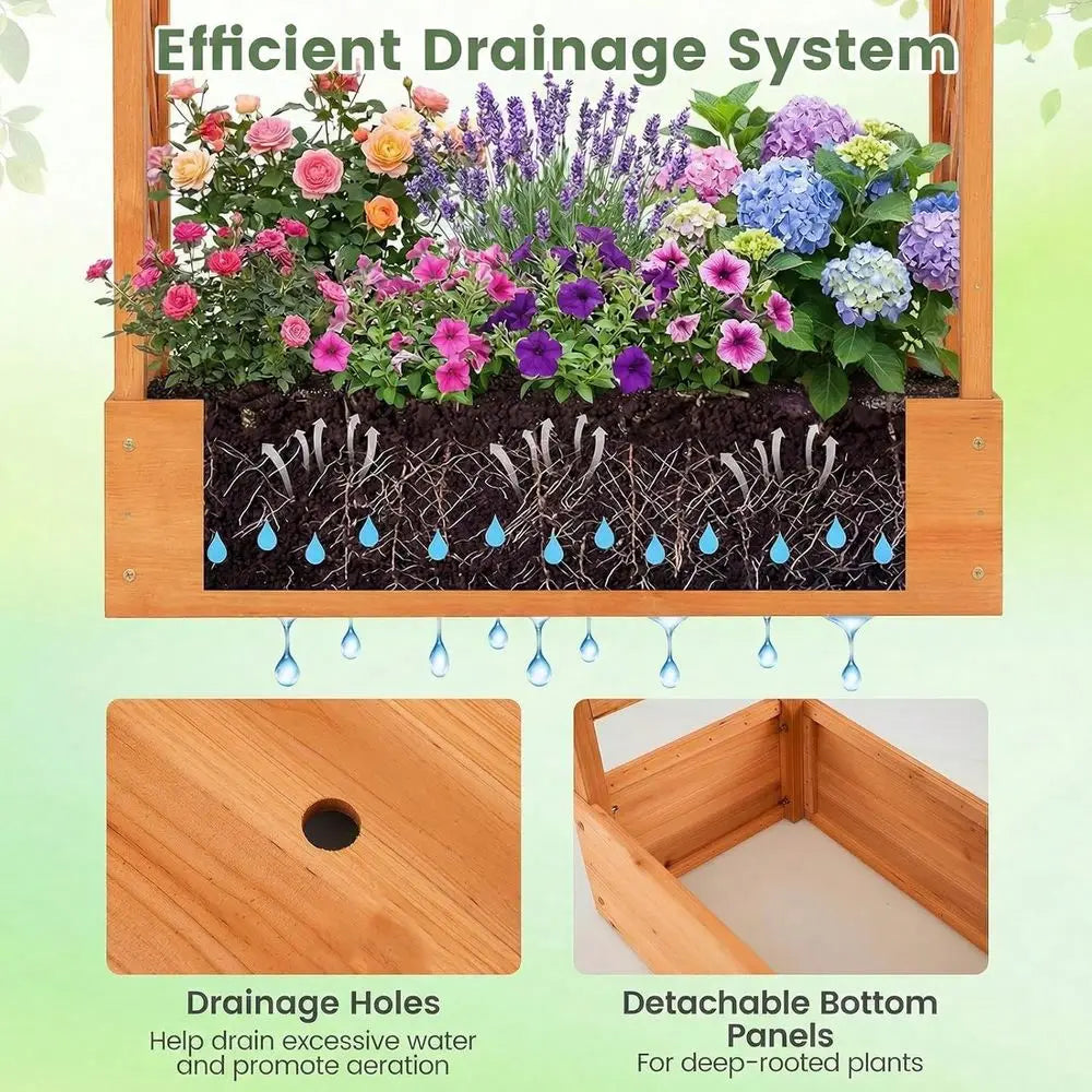 Garden Bed With Trellis, Wood Planter Box W Trellis, Hanging Roof, Drainage Holes, Freestanding Planter Raised Bed For Outdoor