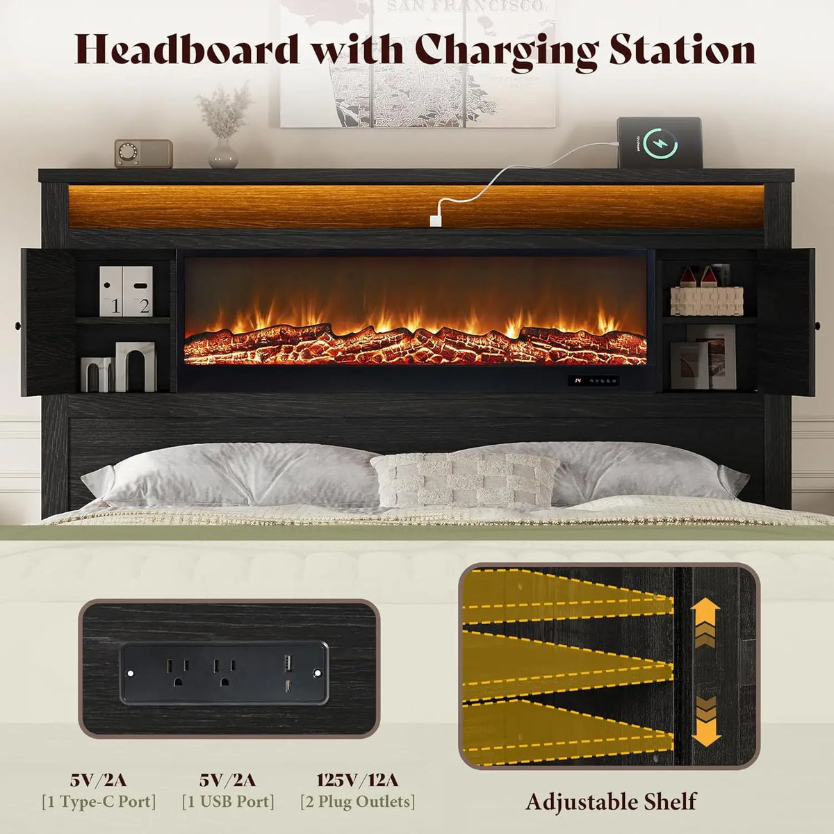 Queen Fireplace Storage Platform Bed with Headboard Barn Cabinets 4 Drawers 2 Racks RGB LED Charging Black Customized