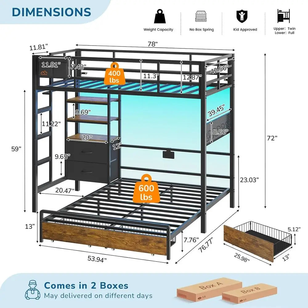 Full-Size Twin Bunk Bed with Storage Drawers, Bookshelf, LED Lights, Charging Station, Safety Rail, and Ladder
