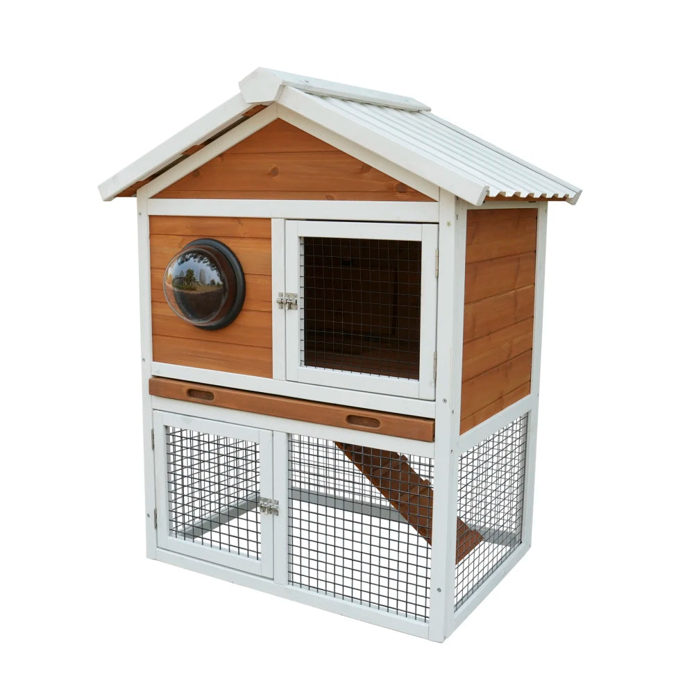 Wooden Outdoor Indoor Roof Waterproof Bunny Hutch Rabbit Cage Guinea Pig Coop PET House for Small To Medium Animals with Stairs