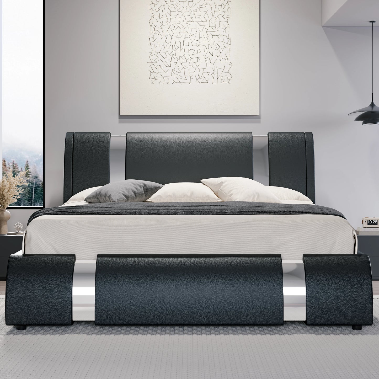 HOOMIC Modern Faux Leather Bed Frame Iron Decor Adjustable Headboard