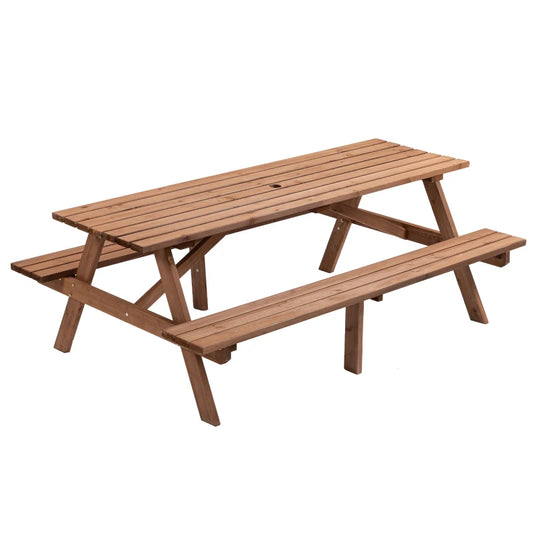 Brandless 8 Person Brown Wooden Picnic Table Outdoor Dining Bench