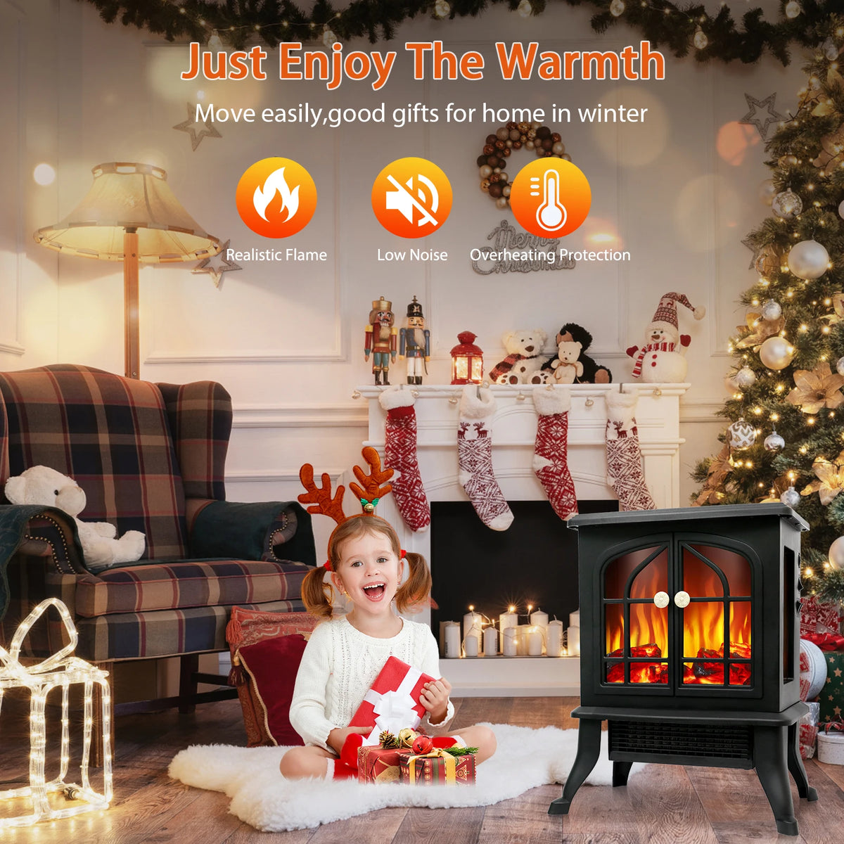 Electric Fireplace Heater 1500W Fireplace Air Heater Space Heater with 3D Realistic Flame Effect Overheating Protection for Home