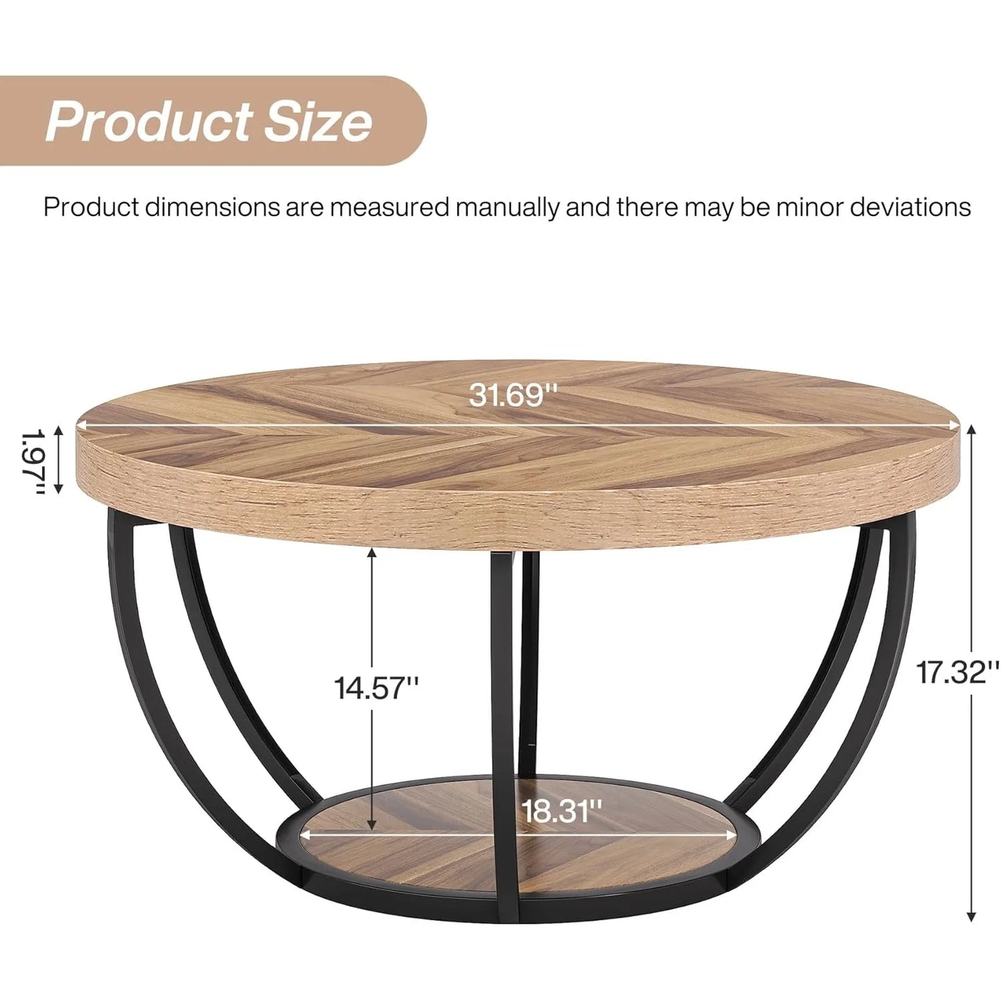 Little Tree Marble Circle Coffee Table With Open Storage And 2-Tier Metal Legs