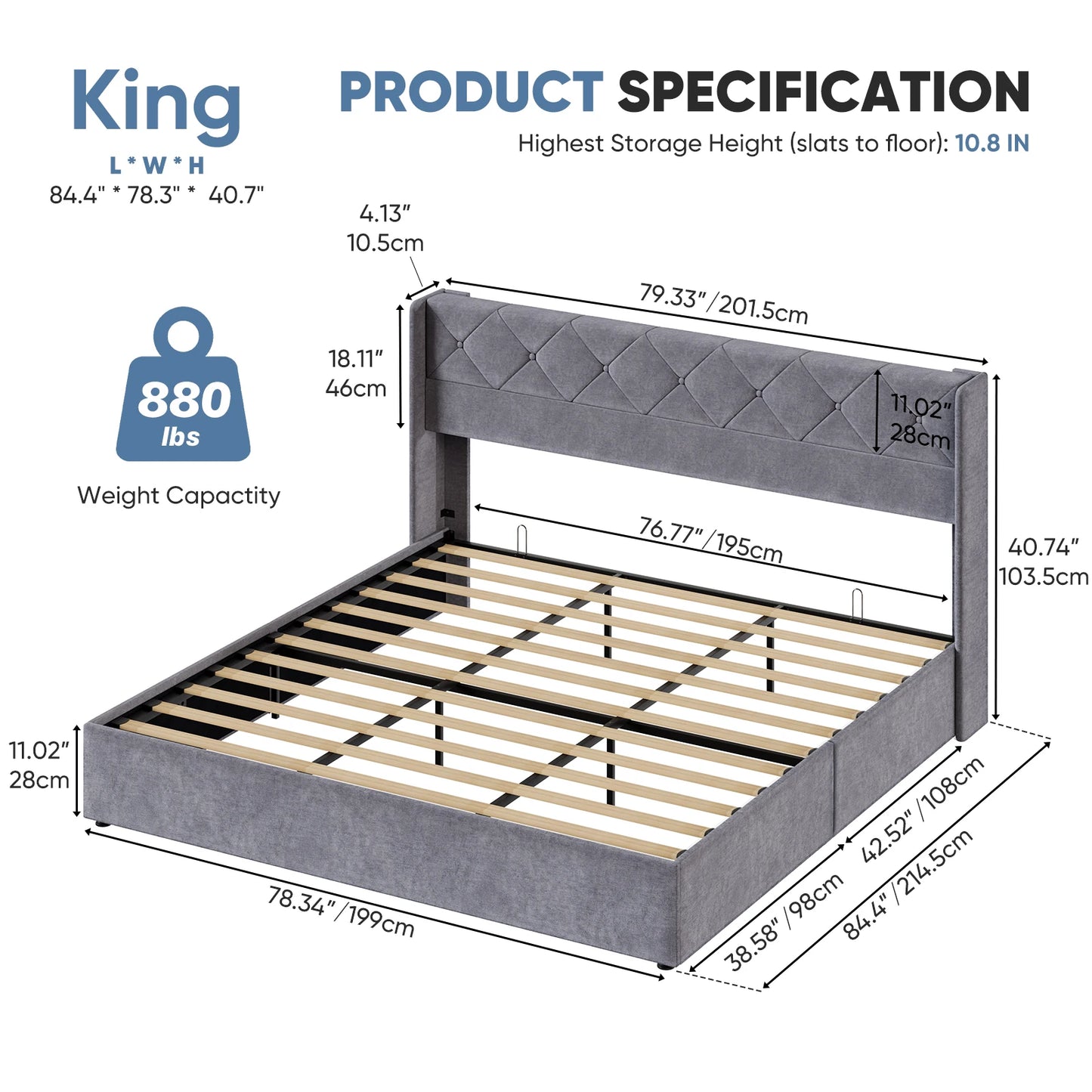 JHK Hydraulic Lift Storage Bed Featuring Wingback Headboard