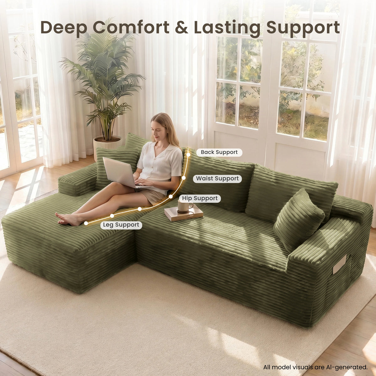 95" Modular Sectional Sofa with Chaise, Deep Seat Corduroy Cloud Couch, No Assembly Modern L Shaped Sofa for Living Room, Oversized Comfortable Lounge Couch Furniture, Space Saving Apartment Sofa, Cozy Home Seating with Remov
