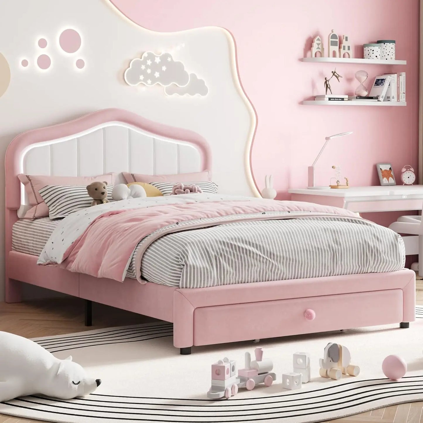 Studyset Kids LED Crown Upholstered Bed Frame With Velvet Headboard