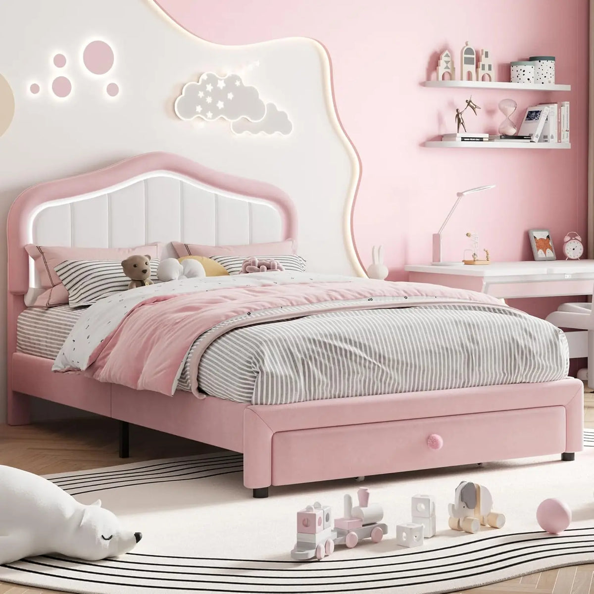 Studyset Kids Upholstered Bed Frame With LED Crown Headboard