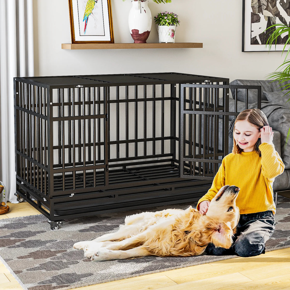 48" Heavy Duty Dog Crate, Escape-Proof Steel Cage for High Anxiety Dogs with Double Doors, Lockable Wheels & Removable Tray, Indoor Outdoor