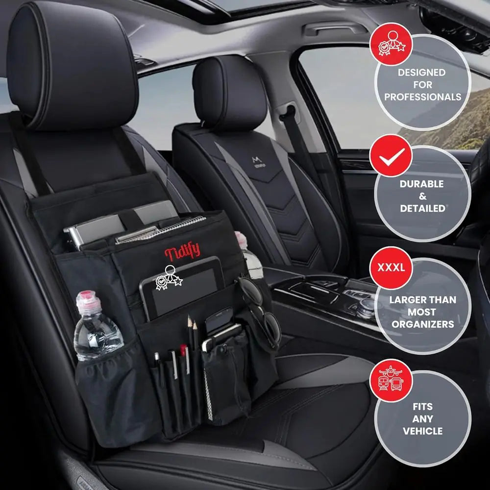 Car Front Seat Organizer with Dedicated Tablet and Laptop Storage, Stabilizing Side Straps, Adjustable Shoulder Strap, and Harde