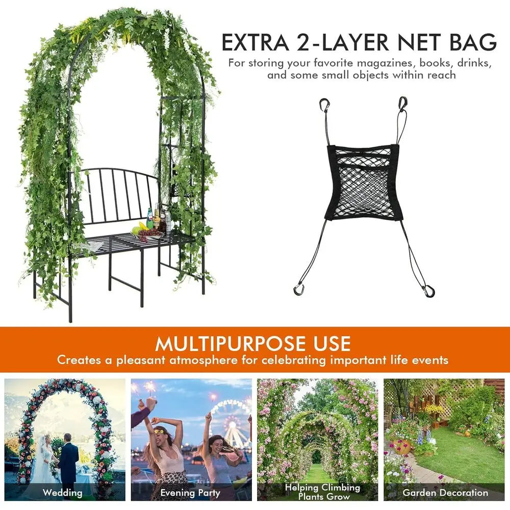 Durable Metal Garden Arch with Bench, Outdoor Arbor Trellis for Climbing Plants, Supports 660 lbs, Ideal for Patio, Weddings & G