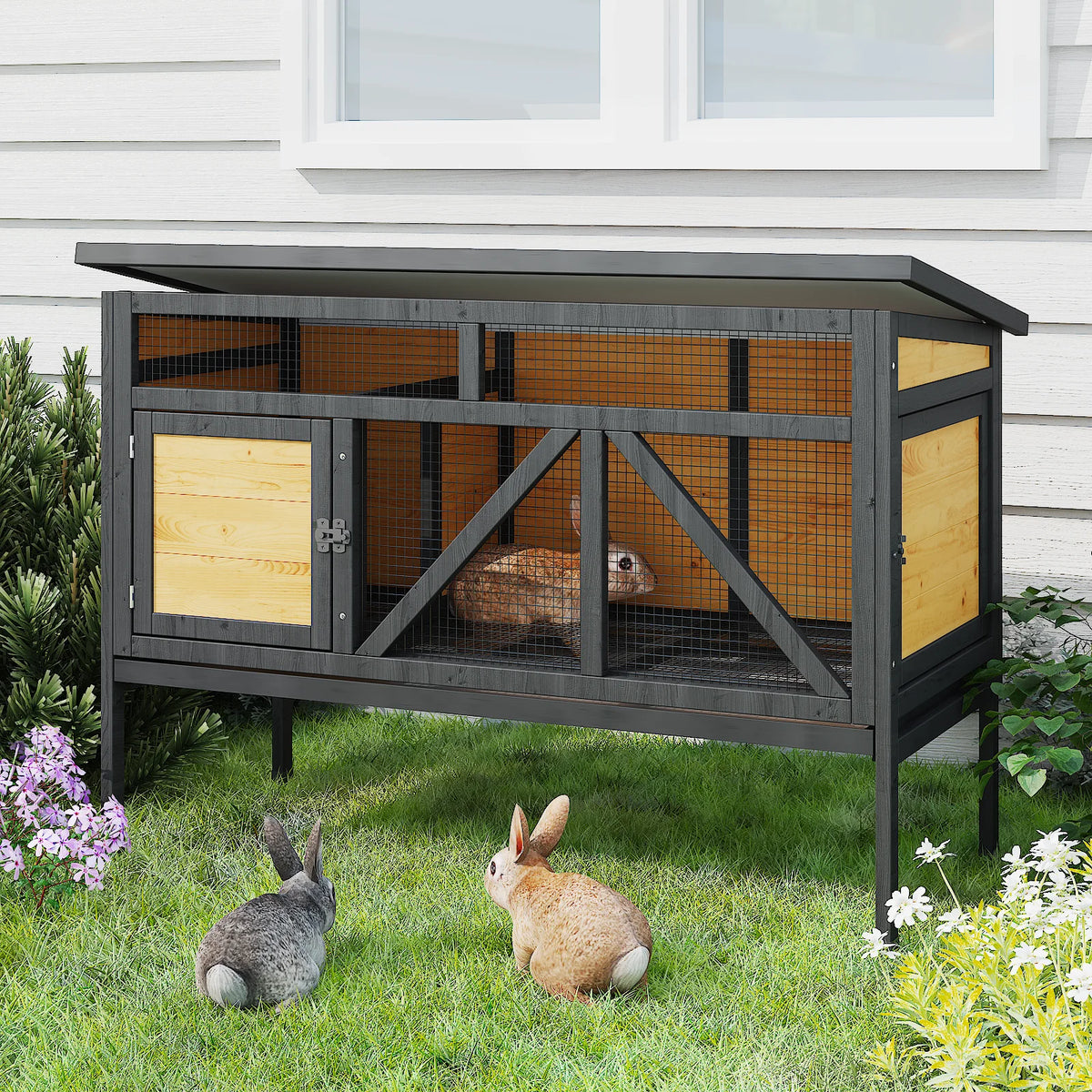 46.7" Rabbit Cage Indoor Outdoor, Elevated Wooden Bunny Hutch with Removable Tray, Waterproof Asphalt Roof & Bottom Wire Mesh for Small Animals