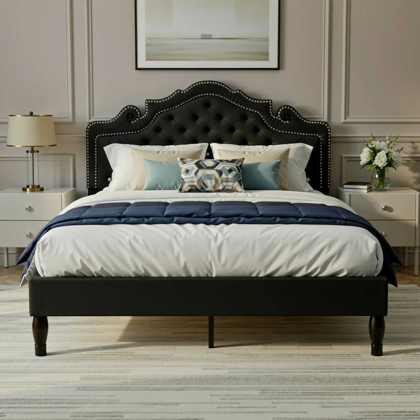 Hoomic Velvet Upholstered Bed With Diamond Tufted Adjustable Headboard