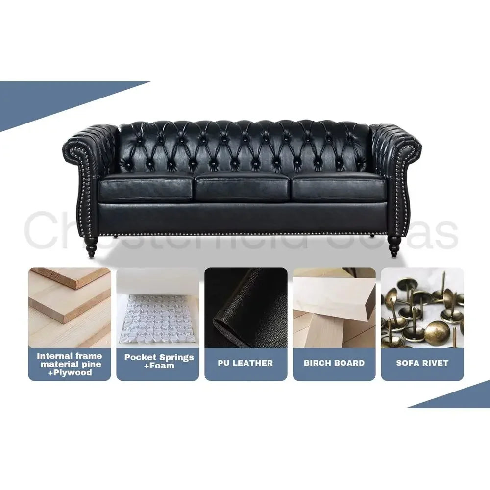 Chesterfield Leather Sofa for Living Room, Comfy DeepSeated 3Seater Sofa for Bedroom, Office, or Apartment. Luxury Classic Sofa