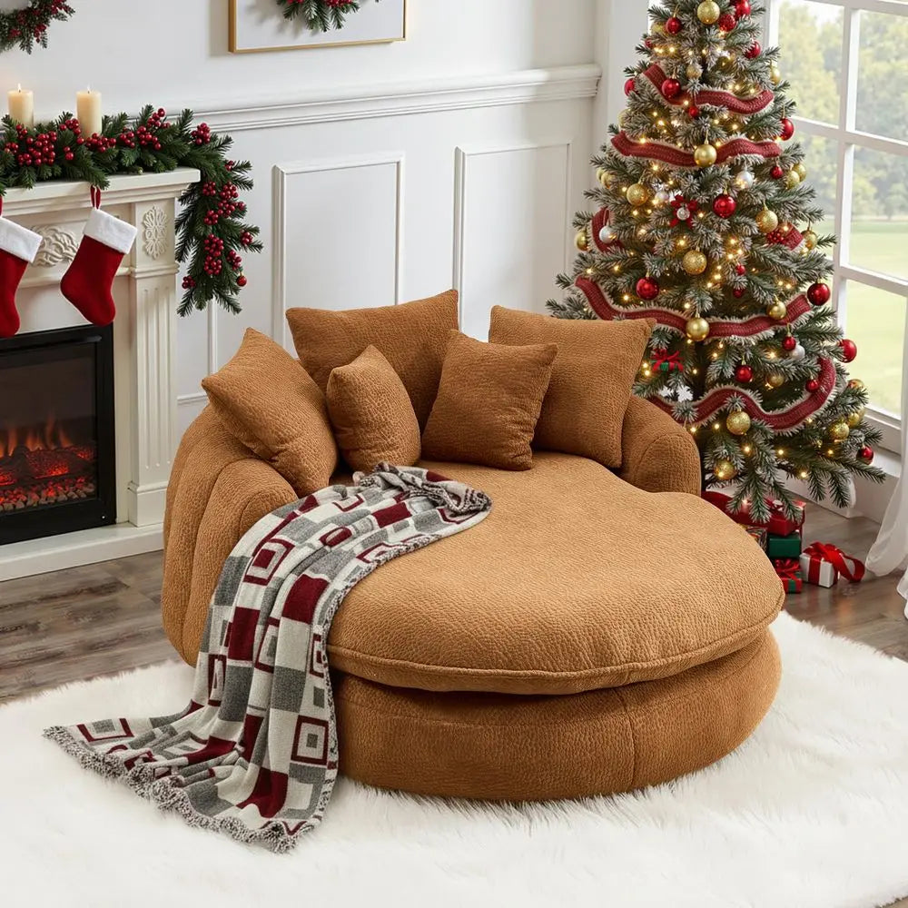 Oversized Round Chair, Giant Bean Bag Couch Chairs for Adults, Fluffy Chenille Boneless Couch Circle Bed with 5 Pillows, Extra