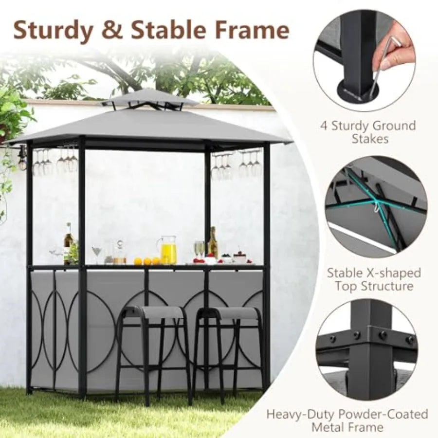 3-Piece Patio Bar Set for outdoor dining: grey powder-coated metal frame, tempered glass bar table, integrated glass holders an