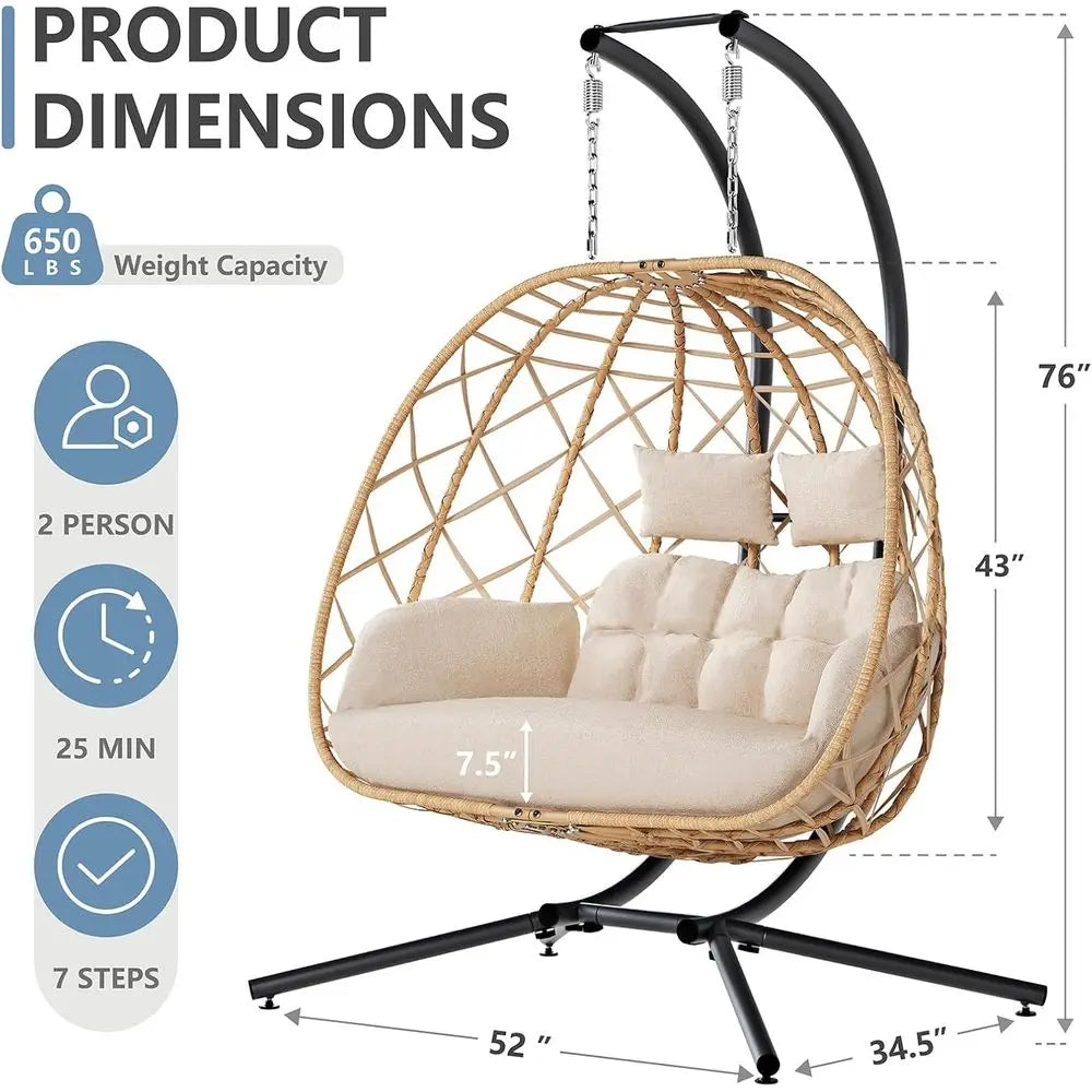 Double Egg Swing Chair with Stand, 2 Person Outdoor Indoor Hammock Hanging Chair with Cushion or Patio Living Room 650 LBS acity