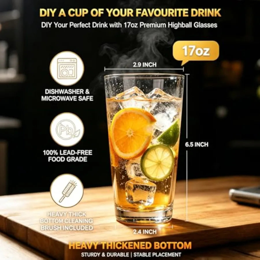 Glass Cups 17 oz, Clear Drinking Tumblers For Home, Highball Glass Drinking Glasses For Beverages, Cocktail Glass, Large Water