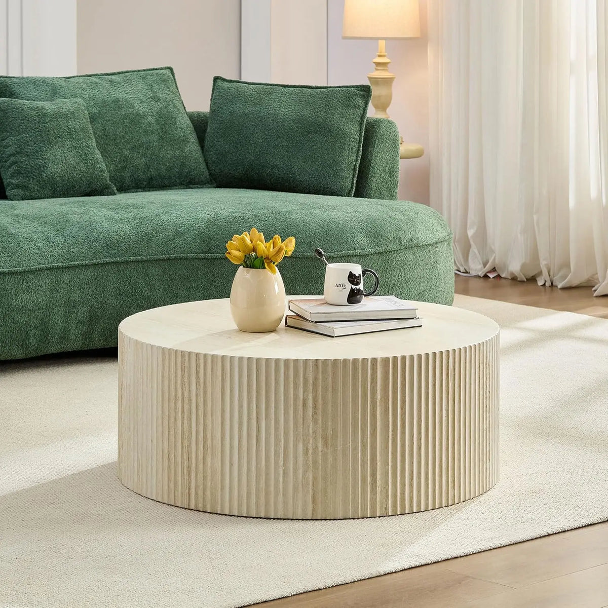 36" Oval Coffee Table, Modern Faux Stone Circle Center Table Accent Travertine Tea Table for Living Room, Magnesium, Customized