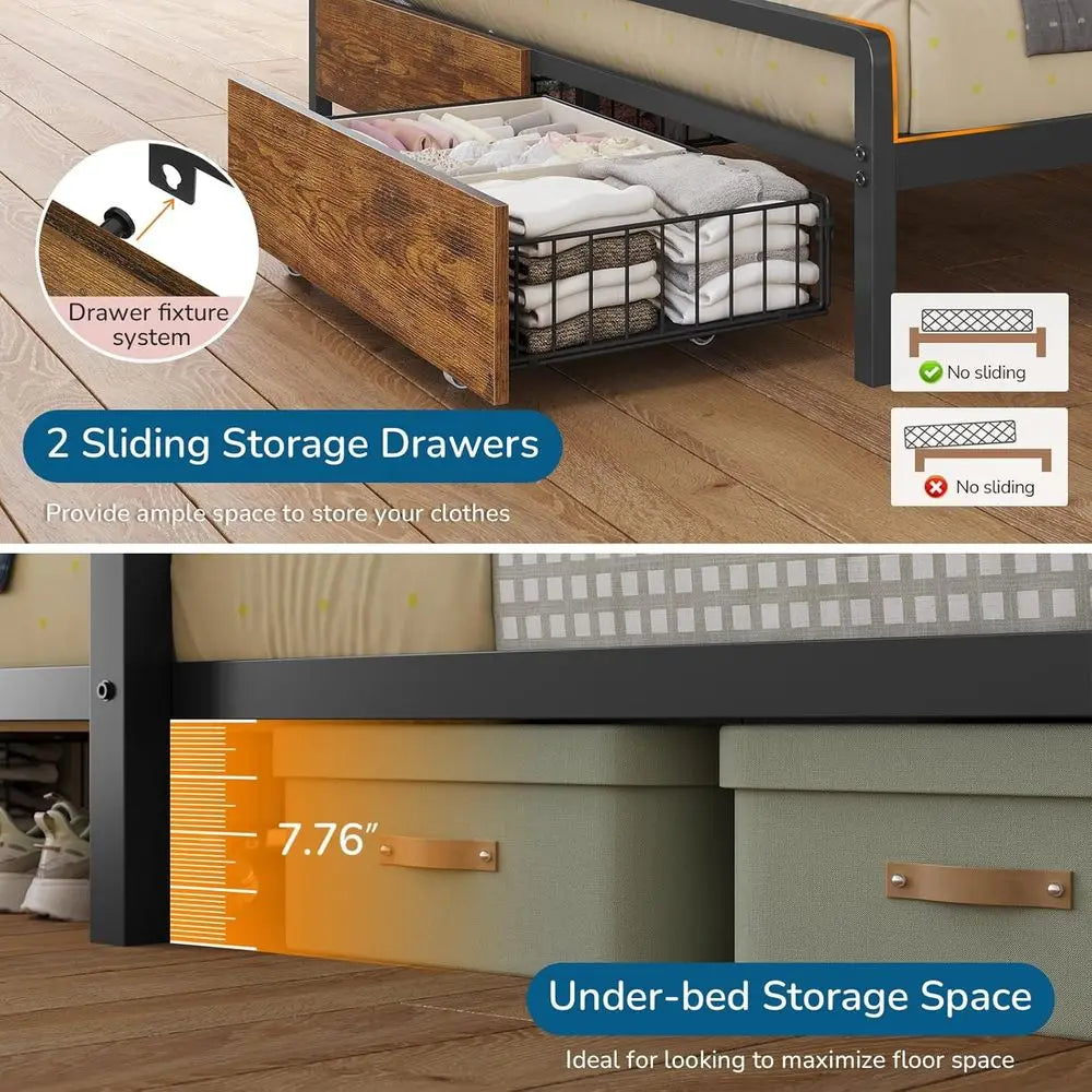 Full-Size Twin Bunk Bed with Storage Drawers, Bookshelf, LED Lights, Charging Station, Safety Rail, and Ladder