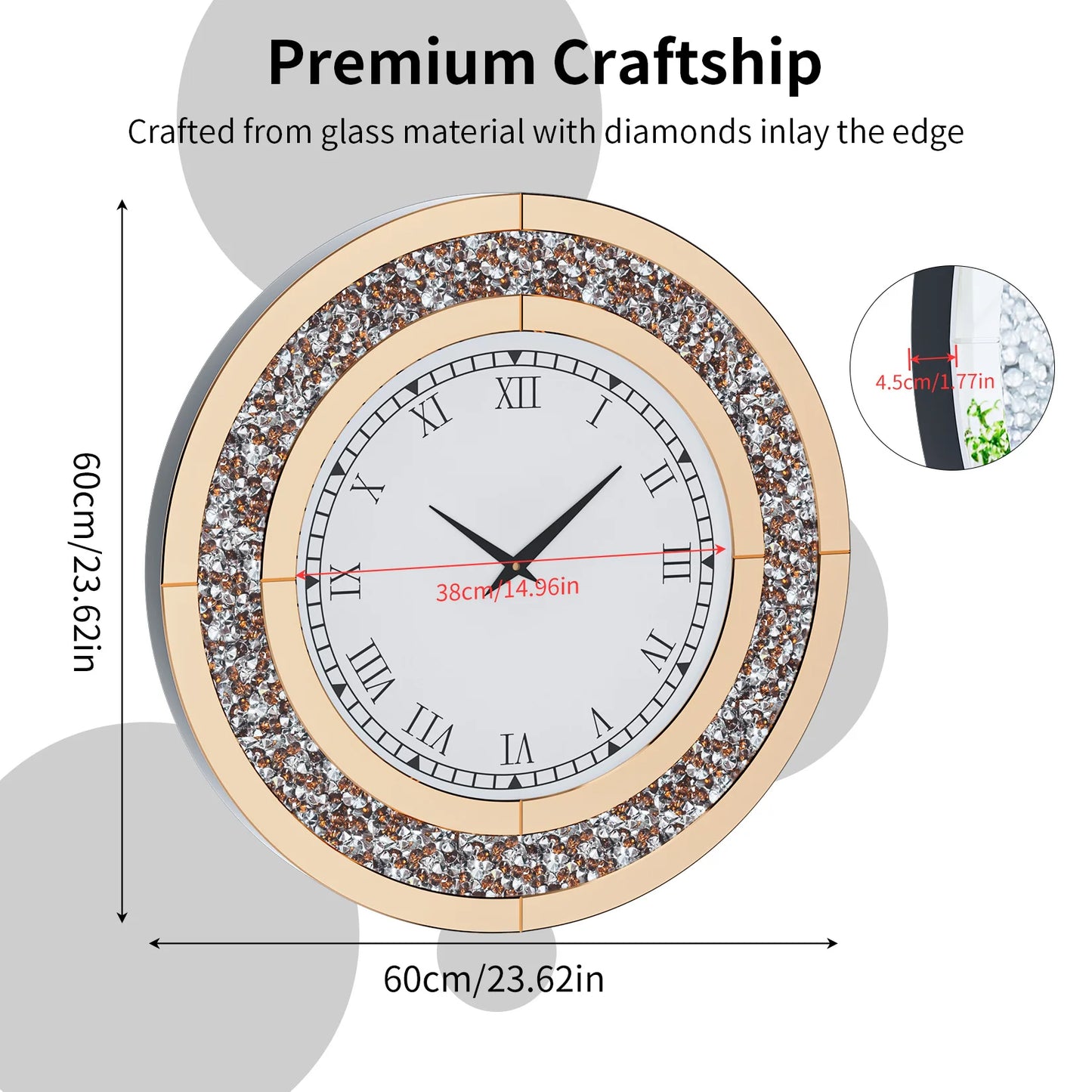 Crystal Mirror Wall Clock With Mute Speaker For Living Room