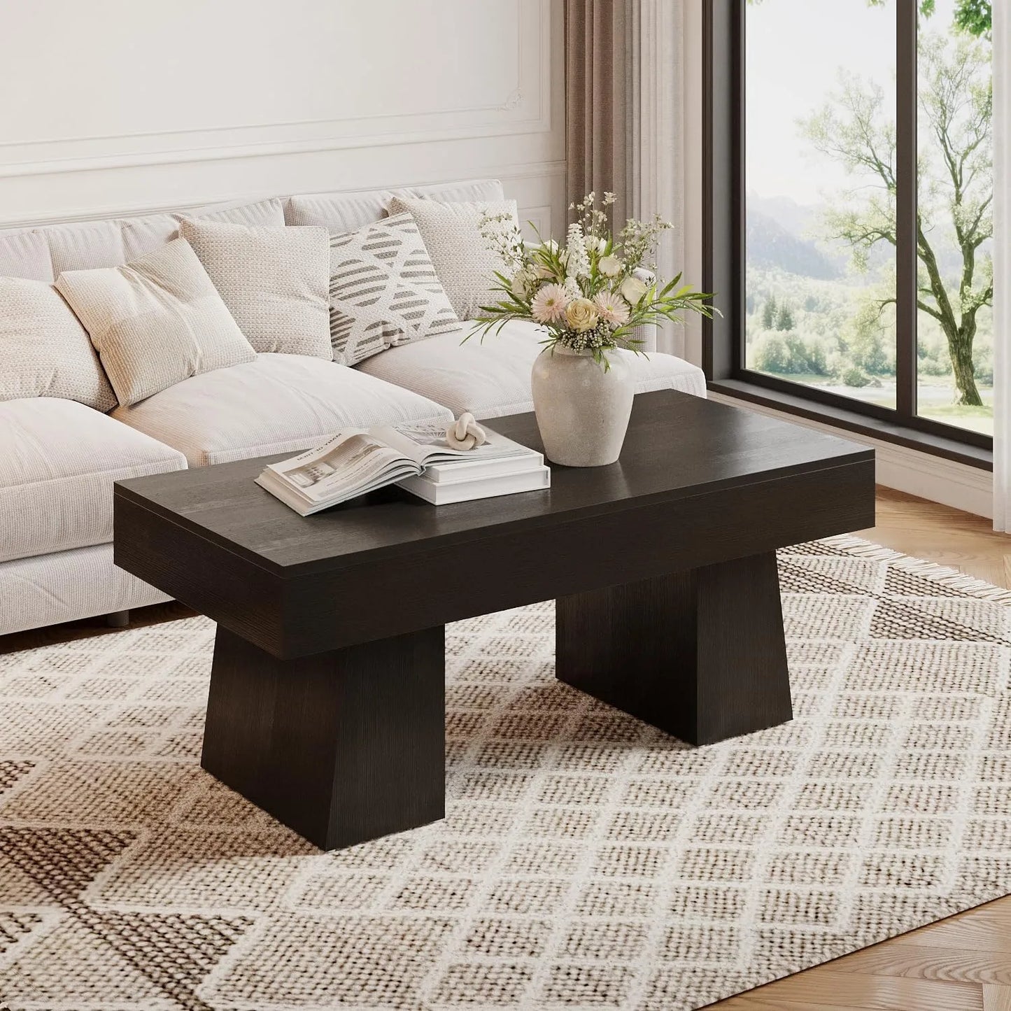TribesignsFarmhouse Coffee Table, 120cm Wooden Accent Center Tables with Thick Base, Modern Low Cocktail Tea Furniture for