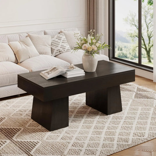 TribesignsFarmhouse Coffee Table, 120cm Wooden Accent Center Tables with Thick Base, Modern Low Cocktail Tea Furniture for