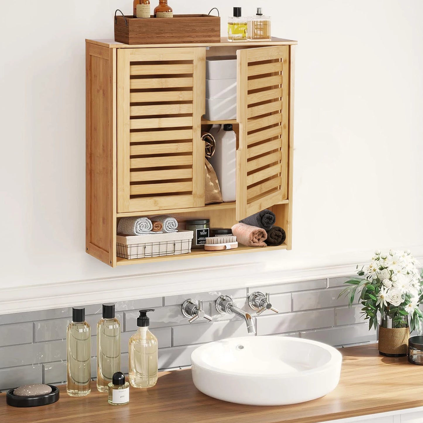 Wisfor Wall Mounted Bamboo Bathroom Cabinet Medicine Storage Shelf