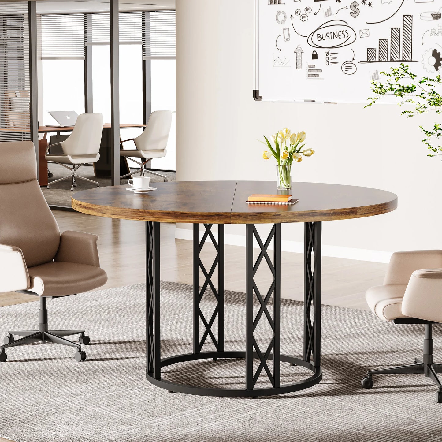 Tribesigns Round Wooden Dining Table With Sturdy Metal Base