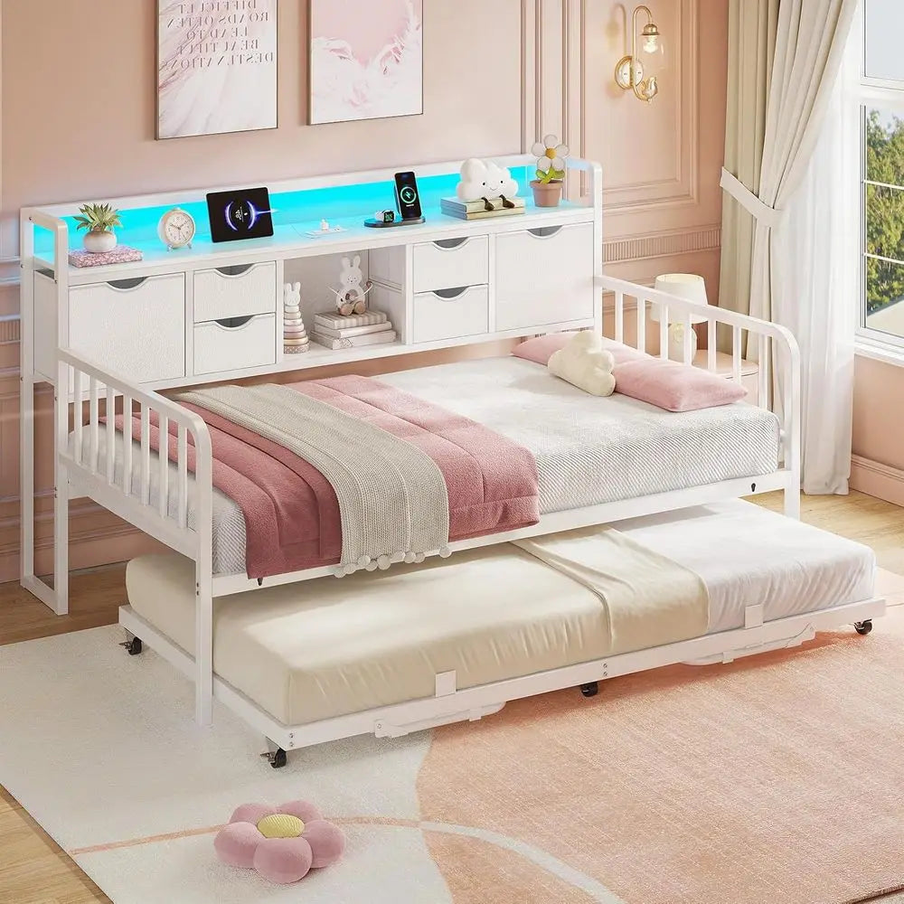 Twin Daybed with Trundle, Storage Drawer & Charging Station, Adjustable Metal Frame, Versatile for Living Spaces, White