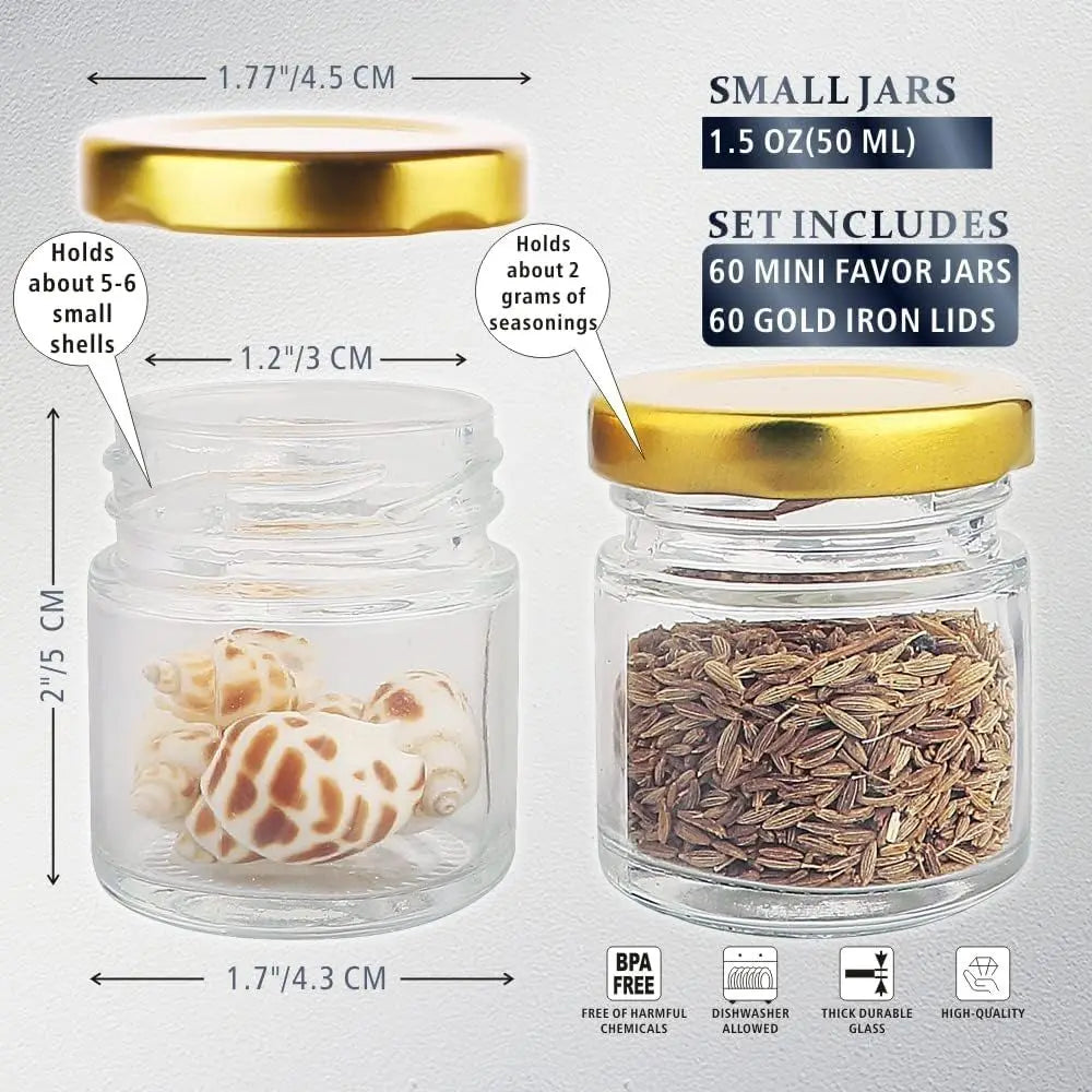 60 Pack Small Glass Jars with Lids, 1.5 oz Mini Jars, Candle Jar or Candle Making, Gifts, Spices, Wedding, Party Favors