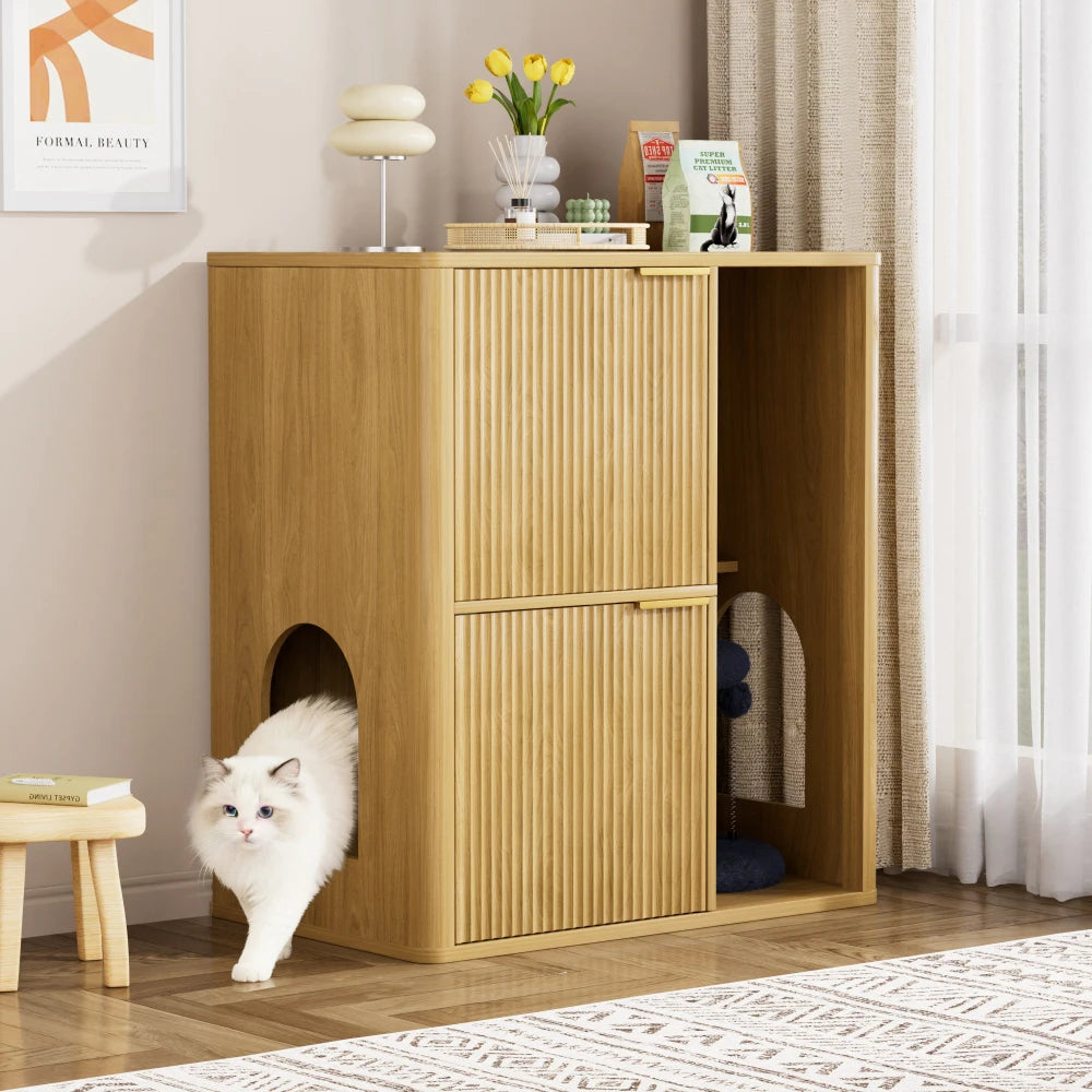 Light Wood Cat Litter Cabinet Cat Tree Grooved Concealed Litter Featuring Dual Cat Doors Storage Shelves Versatile Pet Cabinet
