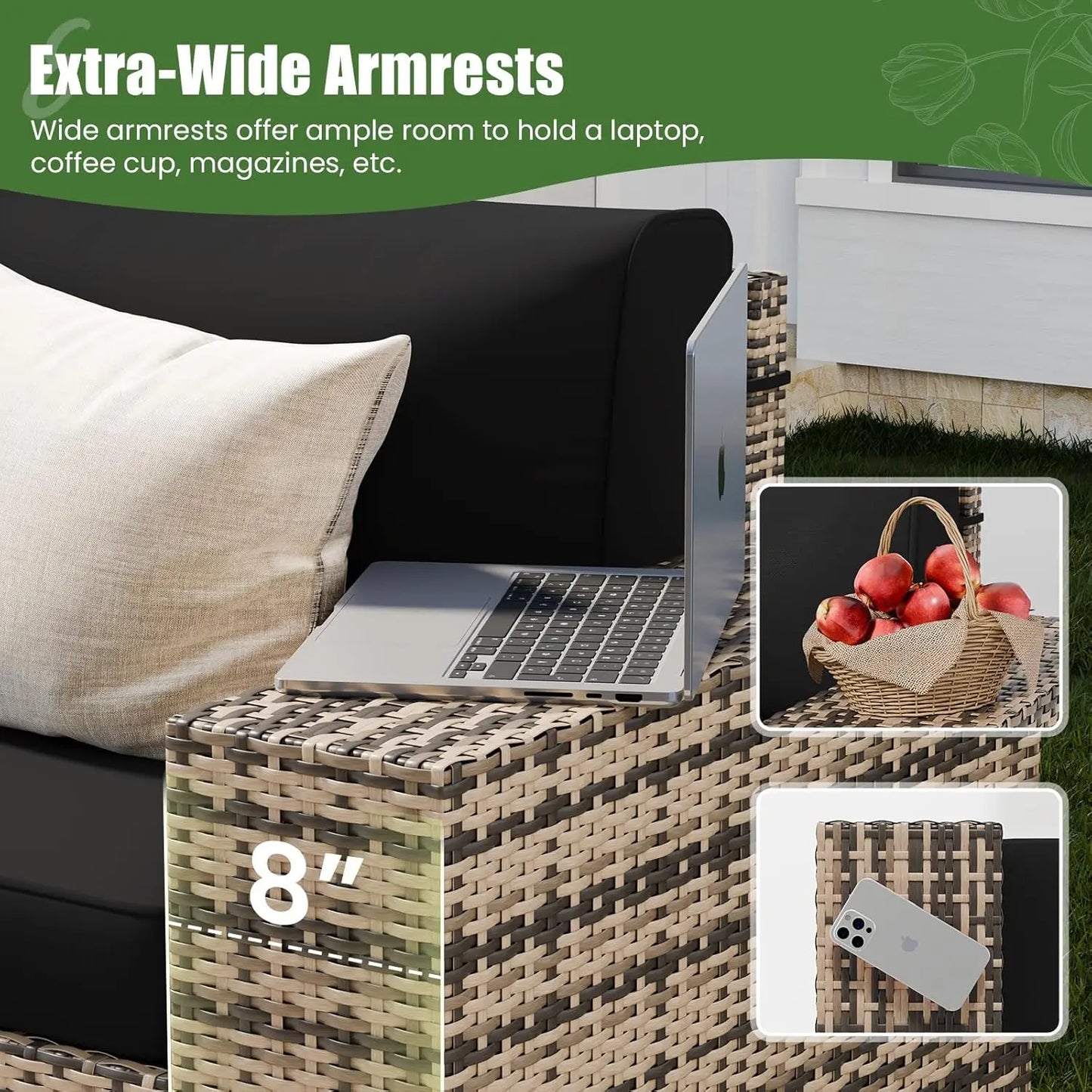 Outdoor Sectional Sofa Featuring Wide Armrests And Wicker Coffee Table