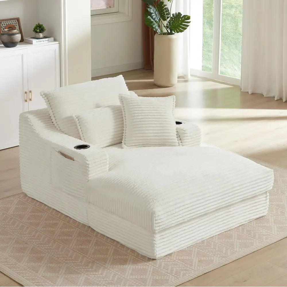 Oversized Chaise Lounge Chair Indoor, Boneless Chaise Lounge Chair with Cup Holders Side Pockets 3 Pillows, Cloud Corduroy Chai