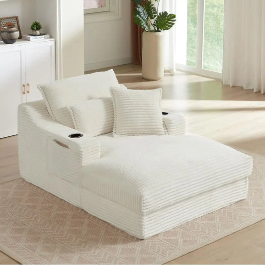 Oversized Chaise Lounge Chair Indoor, Boneless Chaise Lounge Chair with Cup Holders Side Pockets 3 Pillows, Cloud Corduroy Chai