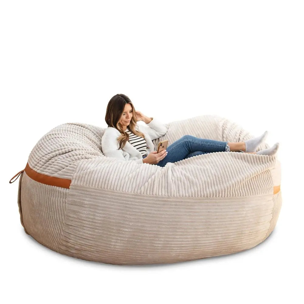 Fuf 8Ft Giant Foam Bean Bag Chair, Oversized Couch with Removable Cover for Kids, Teens, Adults, Vanilla Latte Corded Plush, 8