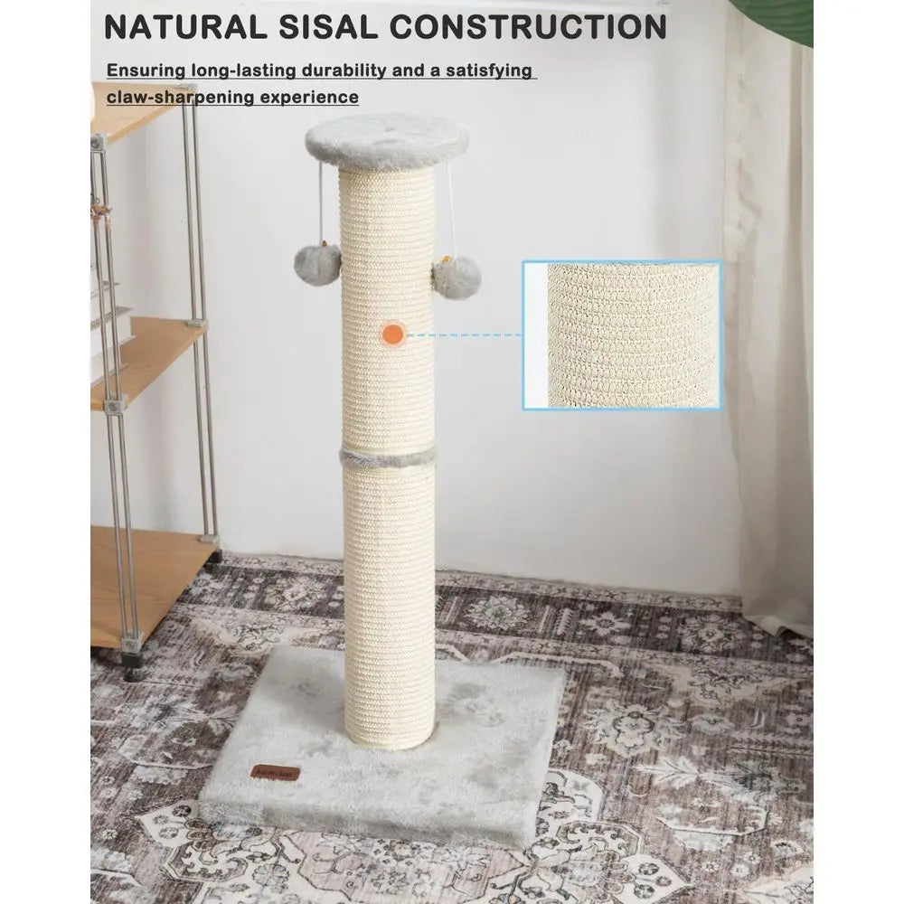 34 Inches Large Sturdy Cat Post with Sisal Scratcher and Hanging Ball Scratching Post for Indoor Cats Adult Grey