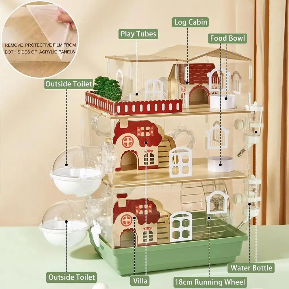 17 in 1 Clear Acrylic Hamster Cage with All Accessories, 13.5''L x 10''W x 21''H Dwarf Hamster Cage, Magnetic Contion Small Hams
