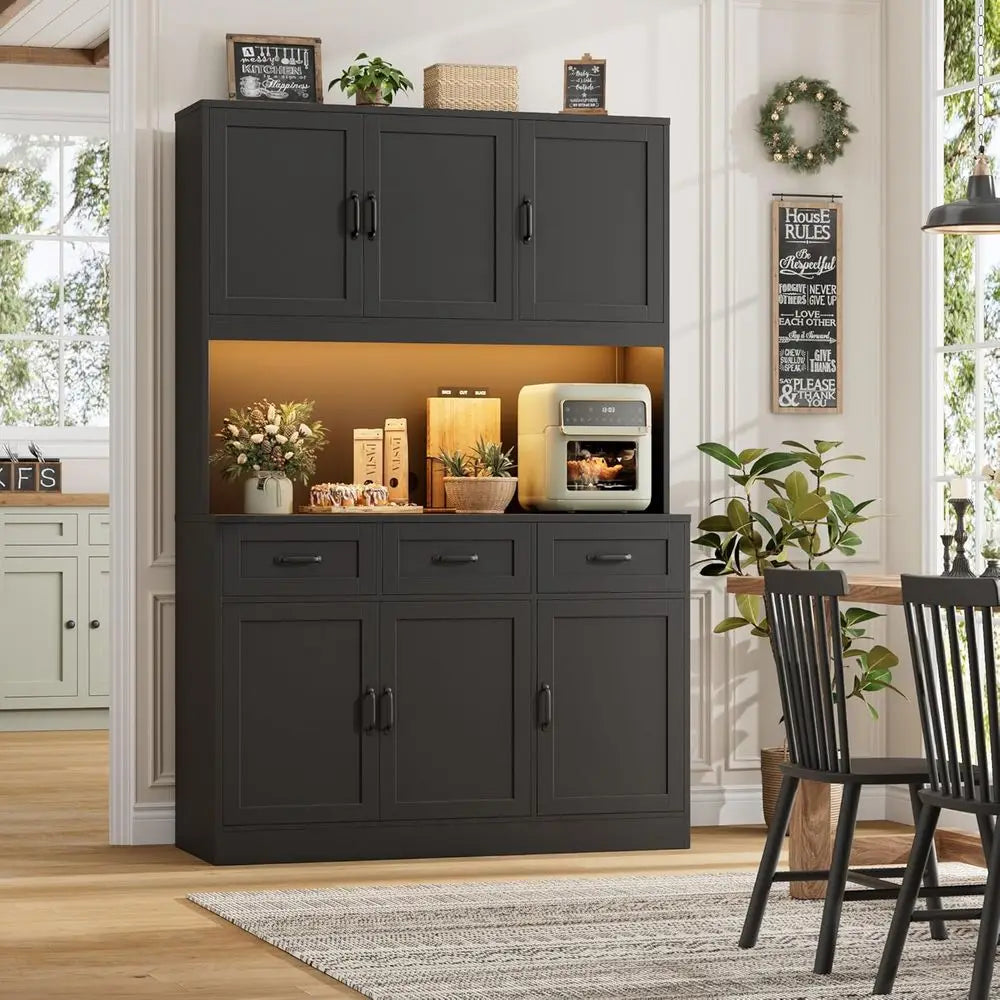 72 High Kitchen Pantry Cabinet with Charging Station, LED Lights, 47 Wide Pantry Storage Cabinet with Counter, Modern Dining Hut