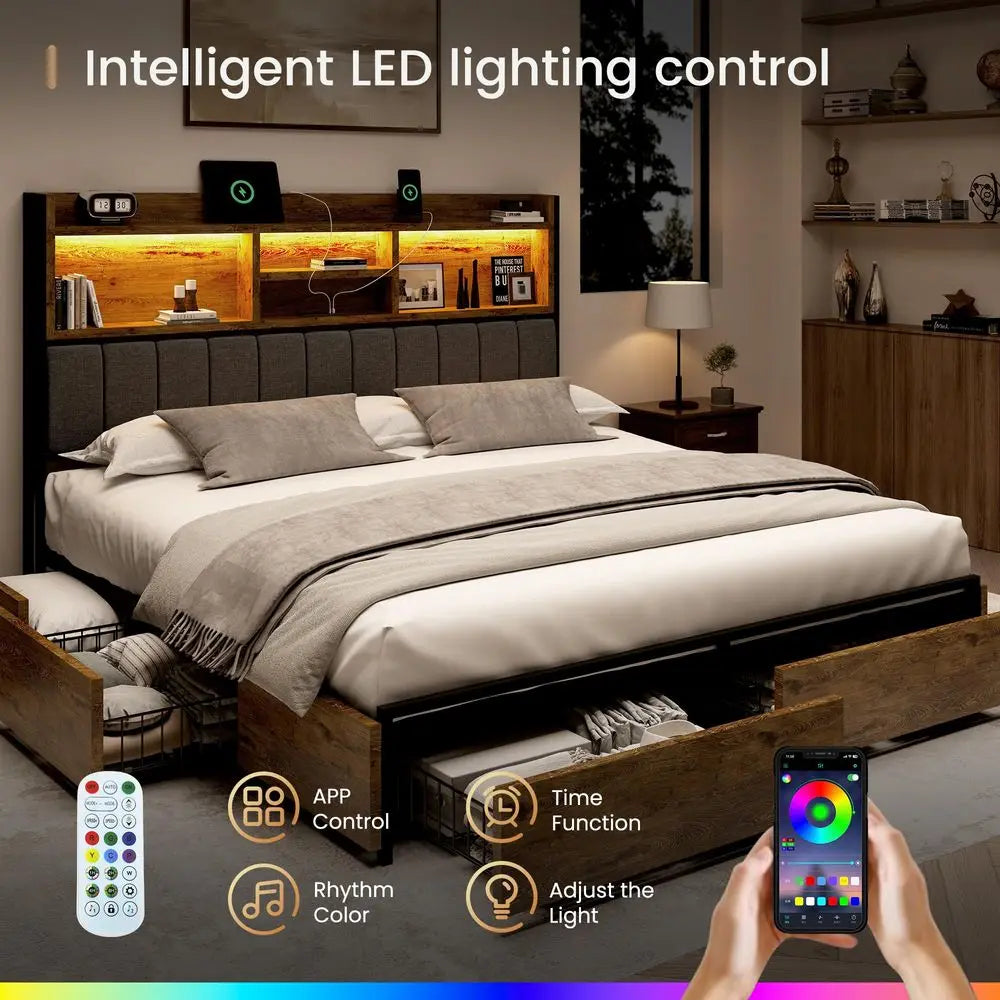 King Bed Frame with 6 Storage Drawers, Linen Upholstered Headboard, Builtin USB Charging Station amp LED Lighting, Silent Metal