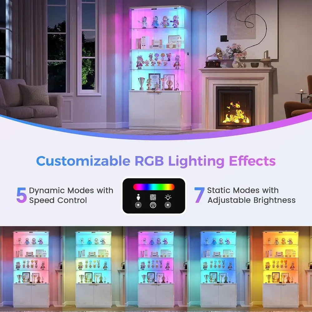 6-Tier Glass Door LED RGB Display Cabinet for Collectibles, 71 Tall, Lockable Curio Showcase in White